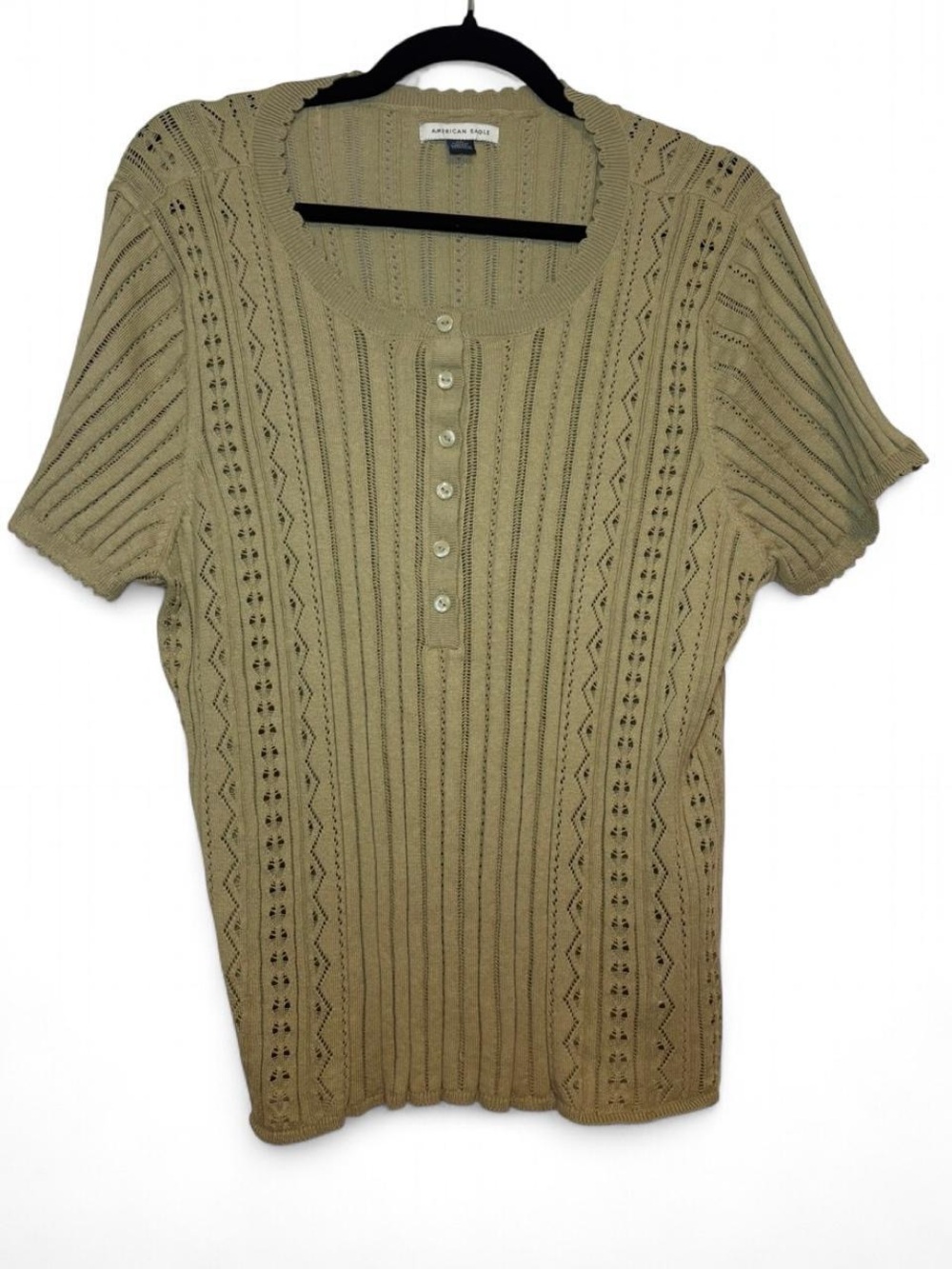 American Eagle NWOT Henley Pointelle Button-Up Sweater T-Shirt in Beige/Khaki